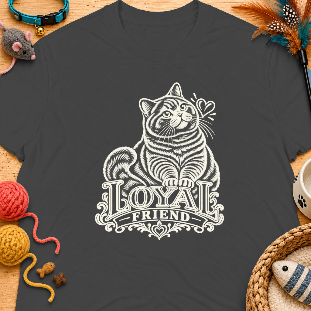 T-shirt with white outline of a cat and text "LOYAL FRIEND".