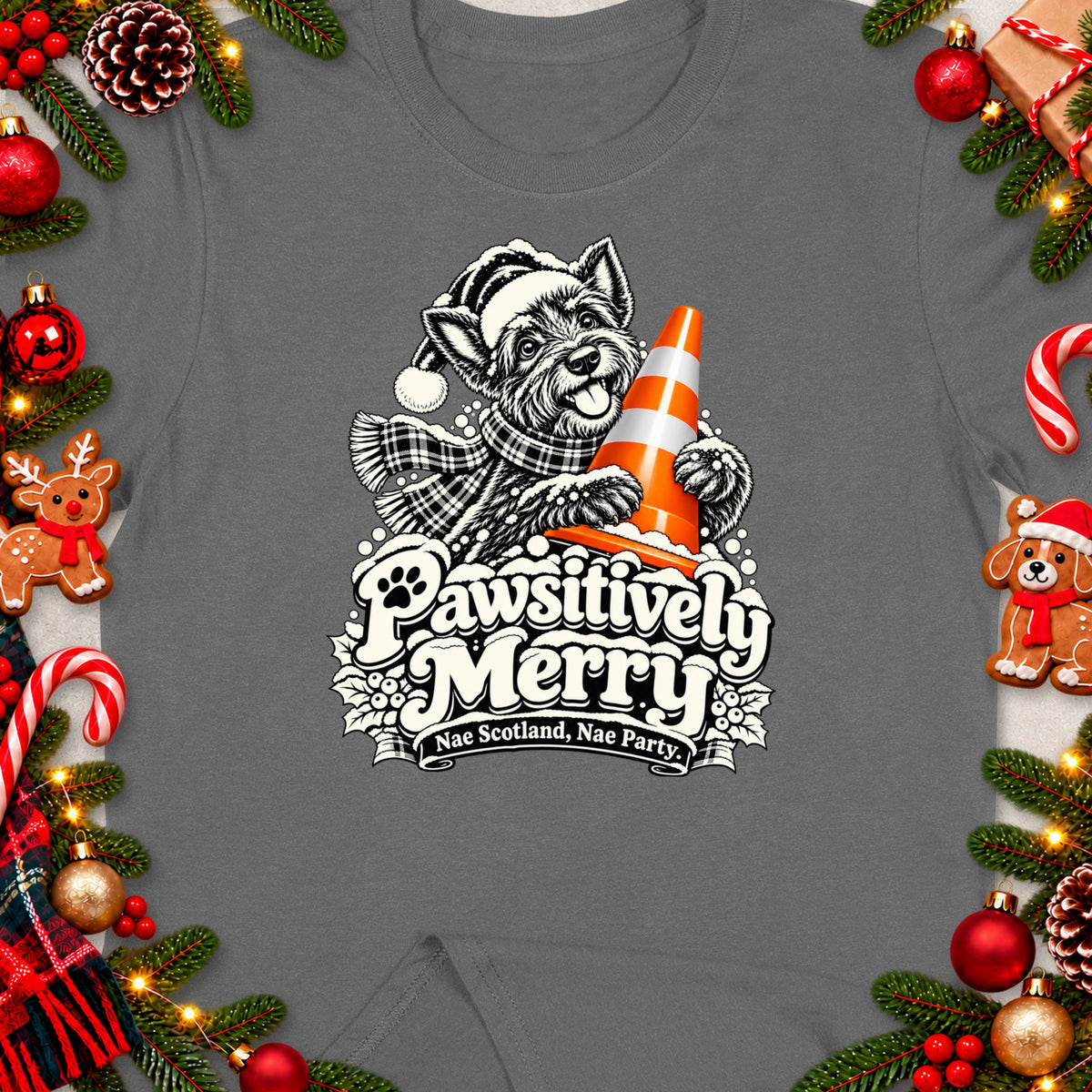 Dog wearing Santa hat and scarf holding traffic cone with "Pawsitively Merry" text.
