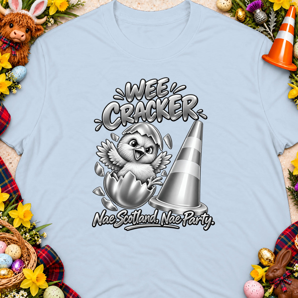 Light blue t-shirt with a chick hatching from an egg and the text "WEE CRACKER".