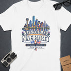 White t-shirt with Dallas skyline graphic and "Nae Scotland Nae Party Dallas Edition" text.