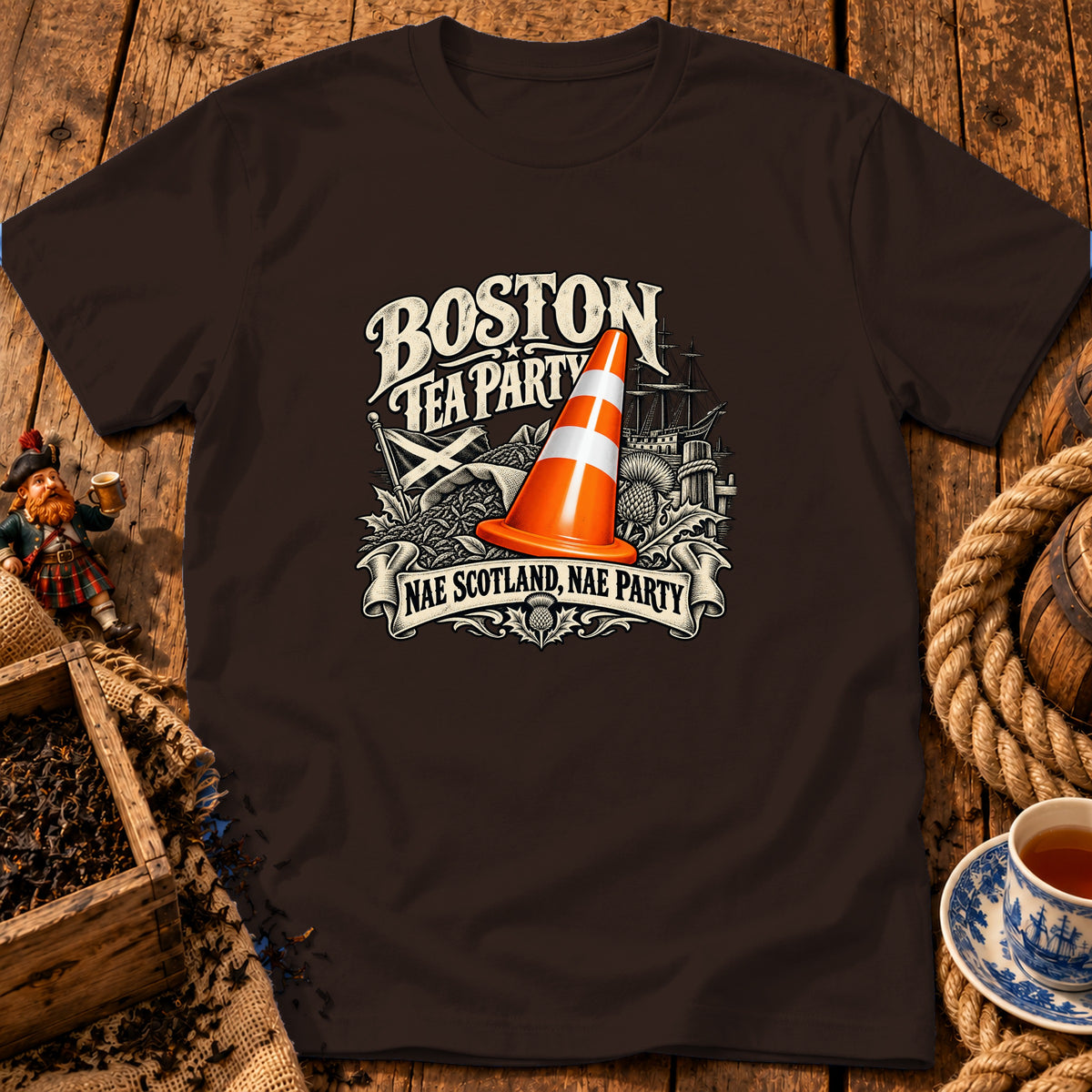 A dark brown short-sleeved t-shirt features a graphic print of a traffic cone, ship, and text reading Boston Tea Party and Nae Scotland, Nae Party.