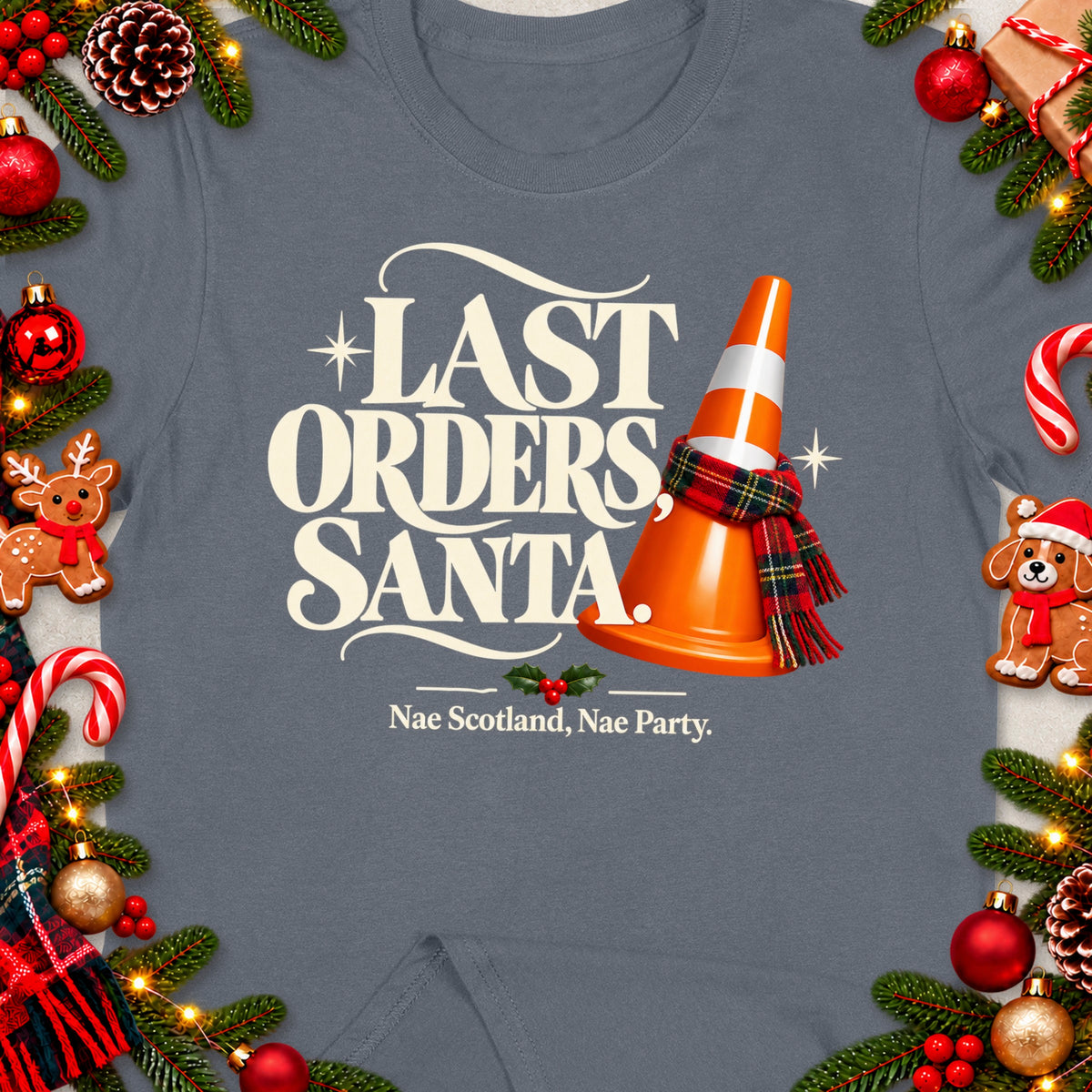 T-shirt with "Last Orders Santa" text, a traffic cone scarf, and festive decorations.