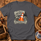 A charcoal gray t-shirt with a Boston Tea Party design featuring a traffic cone, Scottish flag, and text reading "Nae Scotland, Nae Party".