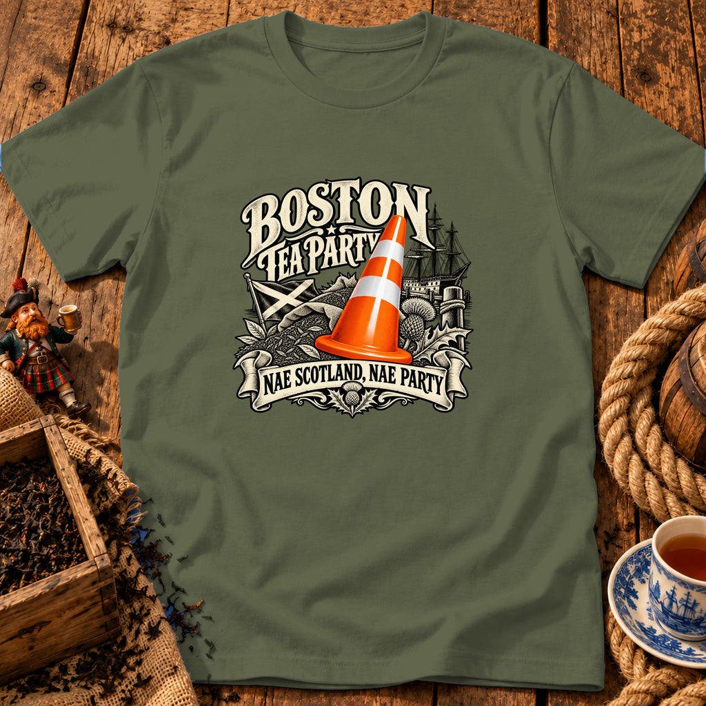 An olive green t-shirt features a graphic with an orange traffic cone, a sailing ship, and the text Boston Tea Party and Nae Scotland, Nae Party.