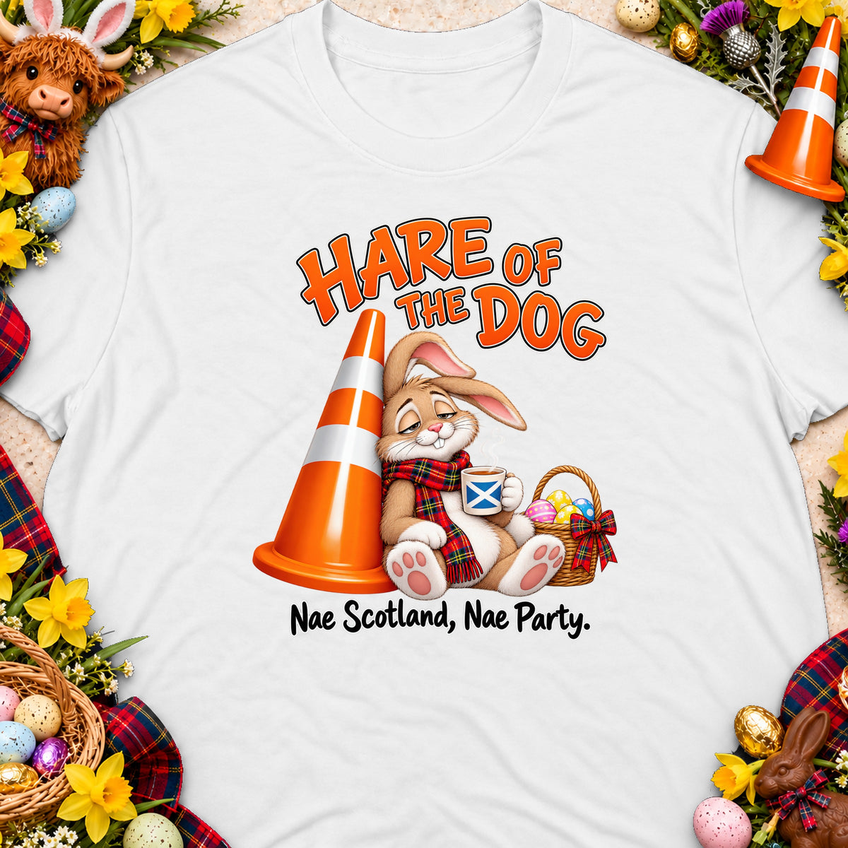 T-shirt with cartoon rabbit, traffic cone, basket of Easter eggs, and text "HARE OF THE DOG".