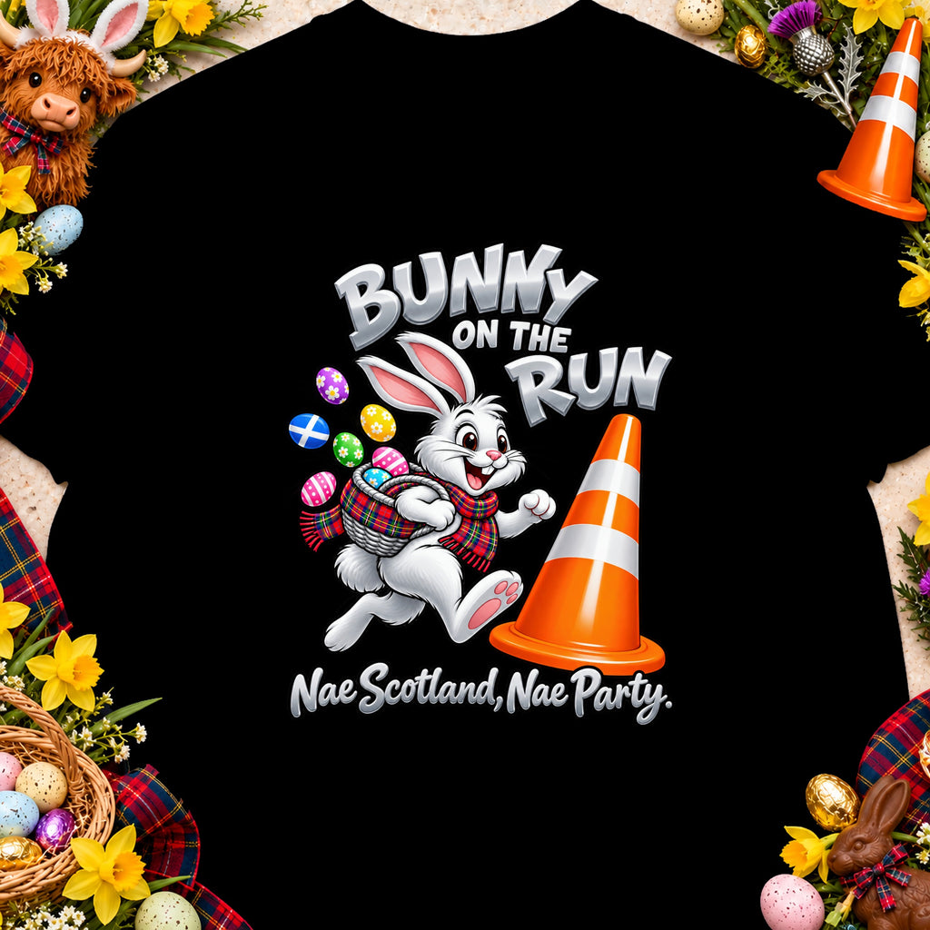 A cartoon bunny wears a scarf and carries a basket of Easter eggs, running past an orange traffic cone.