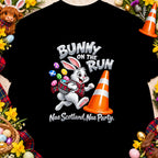 A cartoon bunny wears a scarf and carries a basket of Easter eggs, running past an orange traffic cone.