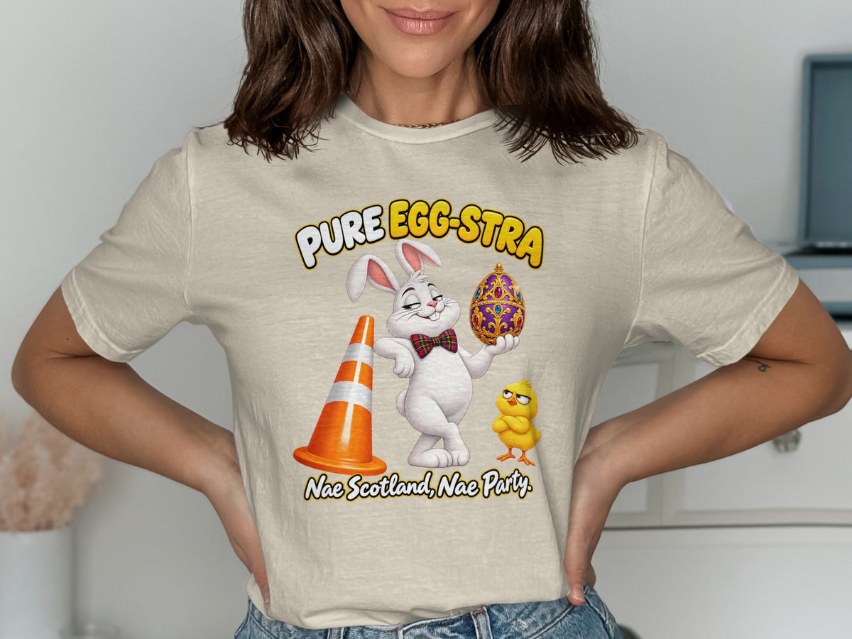 T-shirt with a white rabbit, chick, traffic cone, and "Pure Egg-stra" text.