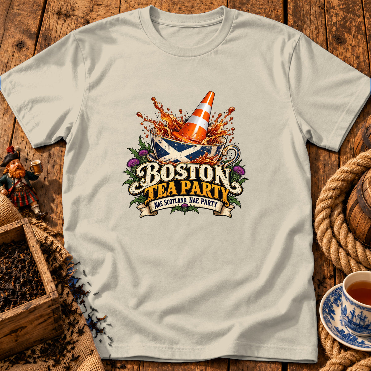 Light-colored t-shirt featuring a graphic with a traffic cone submerged in a Scottish-flag-patterned teacup, text reading Boston Tea Party, and tea leaves.