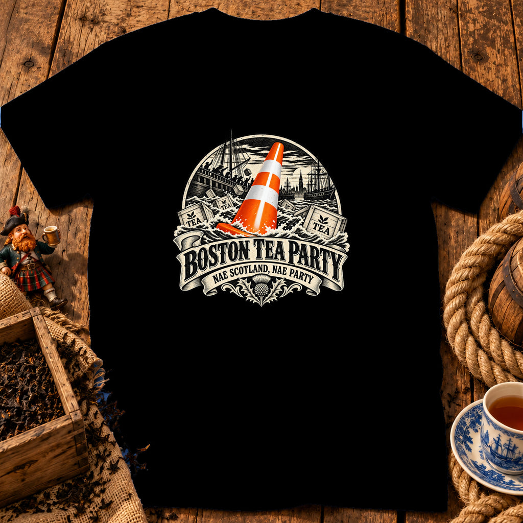A black t-shirt features a graphic with an orange traffic cone, tea crates, ships, and text reading BOSTON TEA PARTY NAE SCOTLAND NAE PARTY.