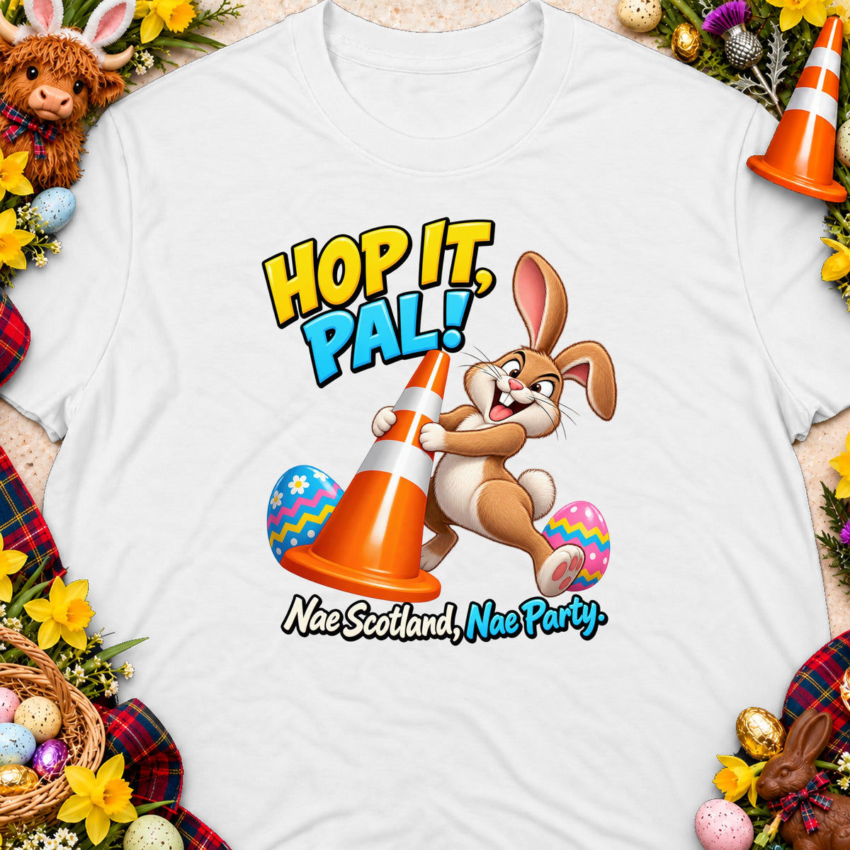 Cartoon rabbit with traffic cone and Easter eggs, text "Hop it, Pal!".
