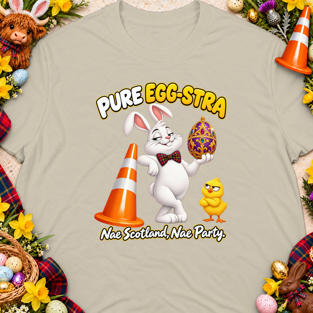 Easter bunny holding an ornate egg, traffic cone, chick, and text "PURE EGG-STRA Nae Scotland, Nae Party."