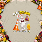 Easter bunny holding an ornate egg, traffic cone, chick, and text "PURE EGG-STRA Nae Scotland, Nae Party."