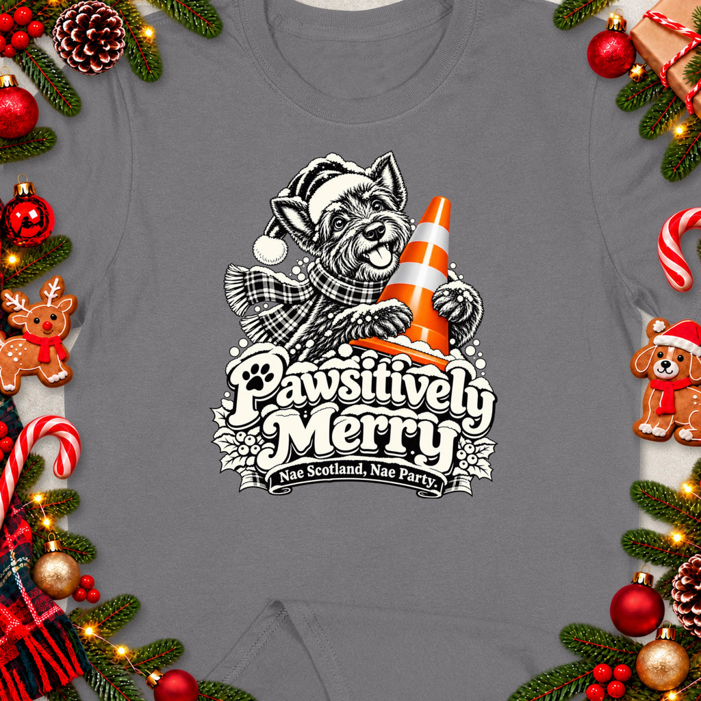 Dog in Santa hat holding traffic cone with text "Pawsitively Merry".