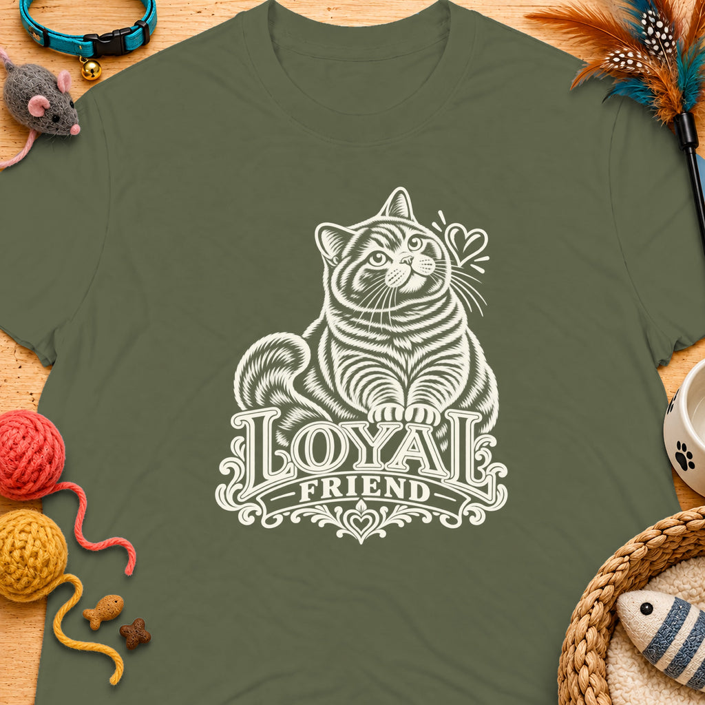Green t-shirt with a white line drawing of a cat and the words "Loyal Friend."