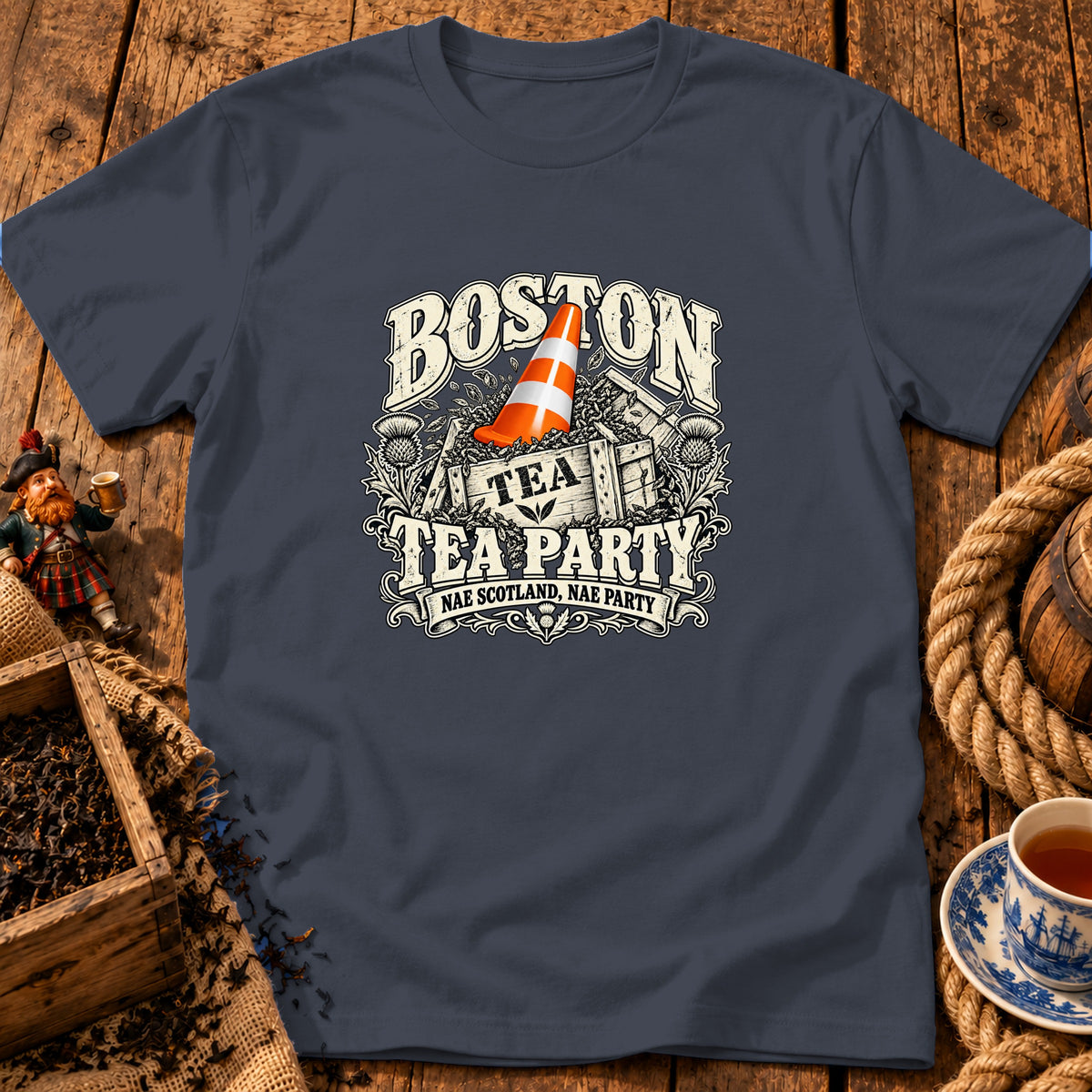 Dark gray t-shirt with a Boston Tea Party graphic featuring a traffic cone in a crate.