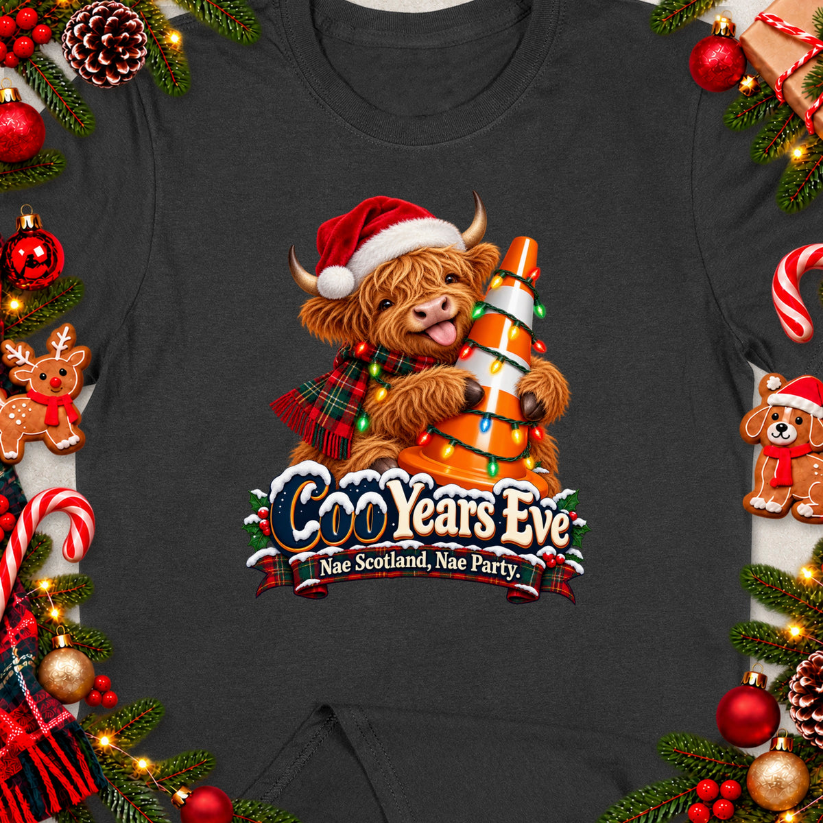 Highland cow in Santa hat holds traffic cone with lights, text "CooYears Eve".