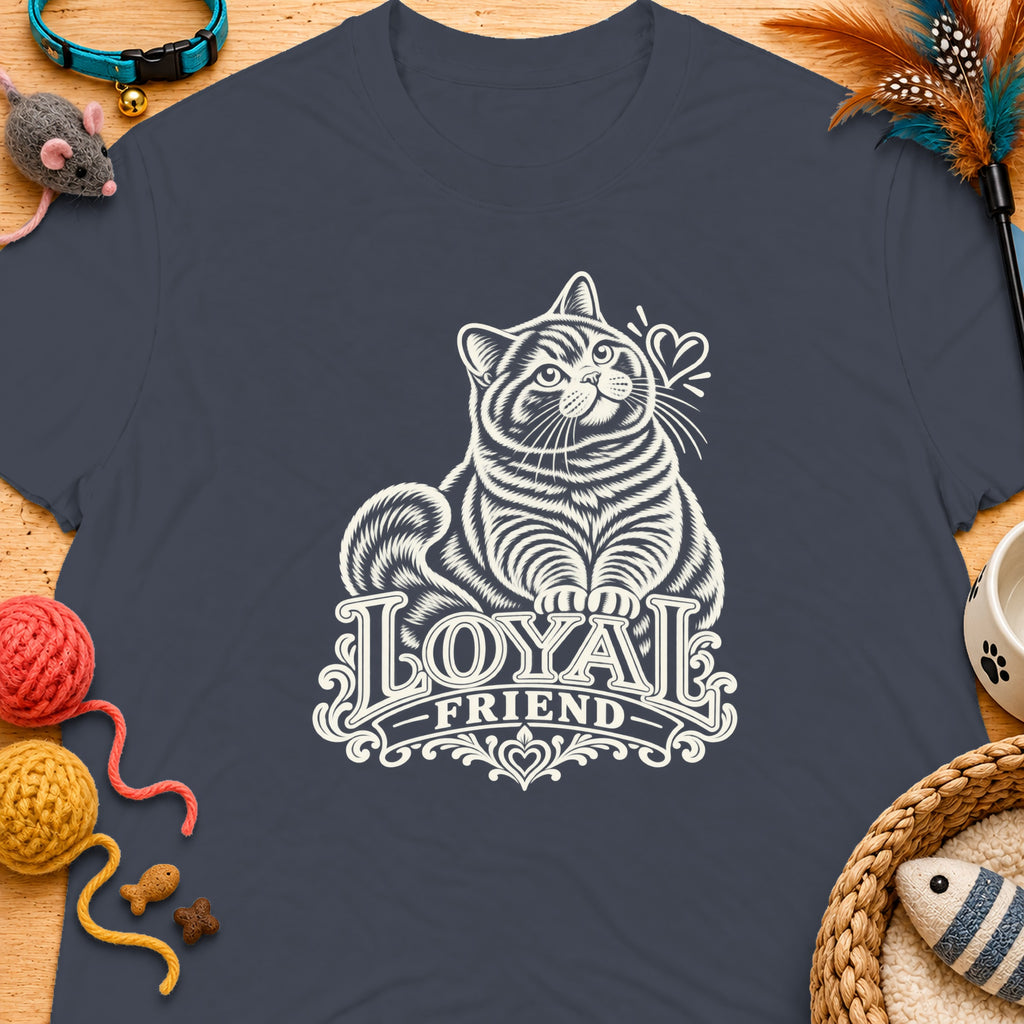 Grey t-shirt featuring a stylized cat illustration with the text "LOYAL FRIEND"