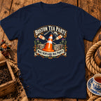 Navy t-shirt featuring a graphic with a traffic cone, tea crates, oars, and text reading Boston Tea Party and Nae Scotland, Nae Party.