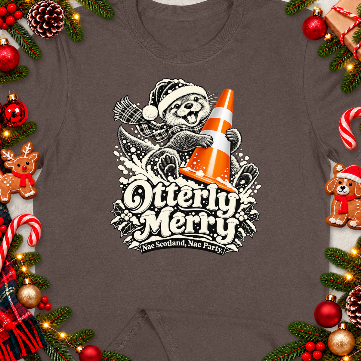 Christmas t-shirt graphic of an otter wearing a Santa hat, holding a traffic cone, with text "Otterly Merry".