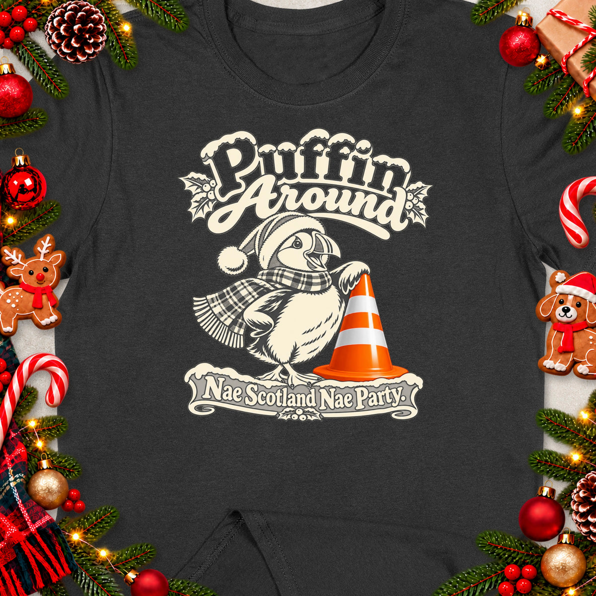 Puffin wearing a Santa hat and scarf stands by a traffic cone with text.