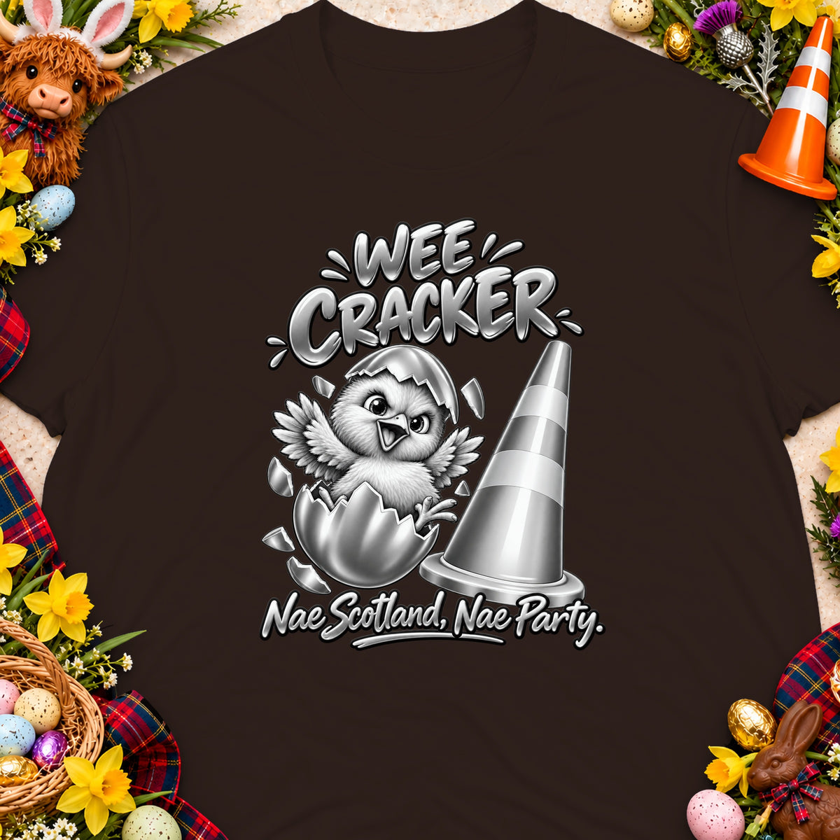 A chick hatching from an egg with "Wee Cracker" and "Nae Scotland, Nae Party" text.