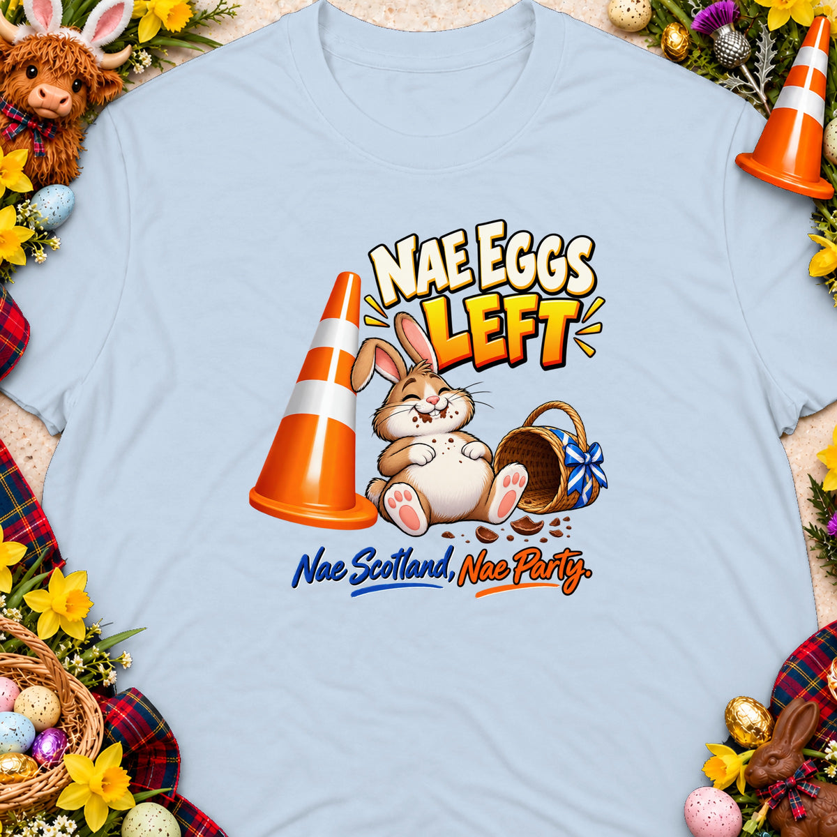 Cartoon bunny sits with overturned basket and text "Nae Eggs Left".
