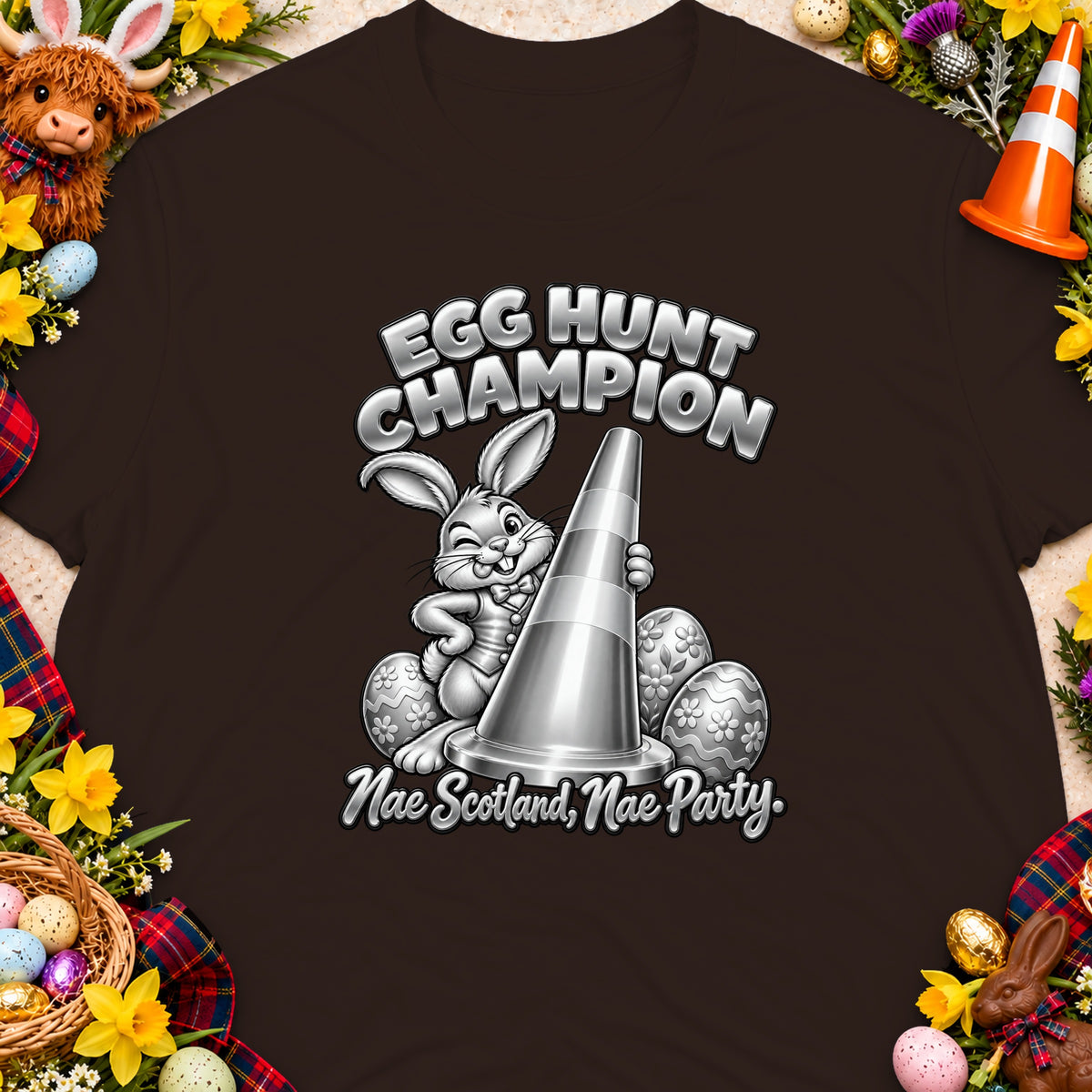 A winking bunny holds a traffic cone with "Egg Hunt Champion" text.
