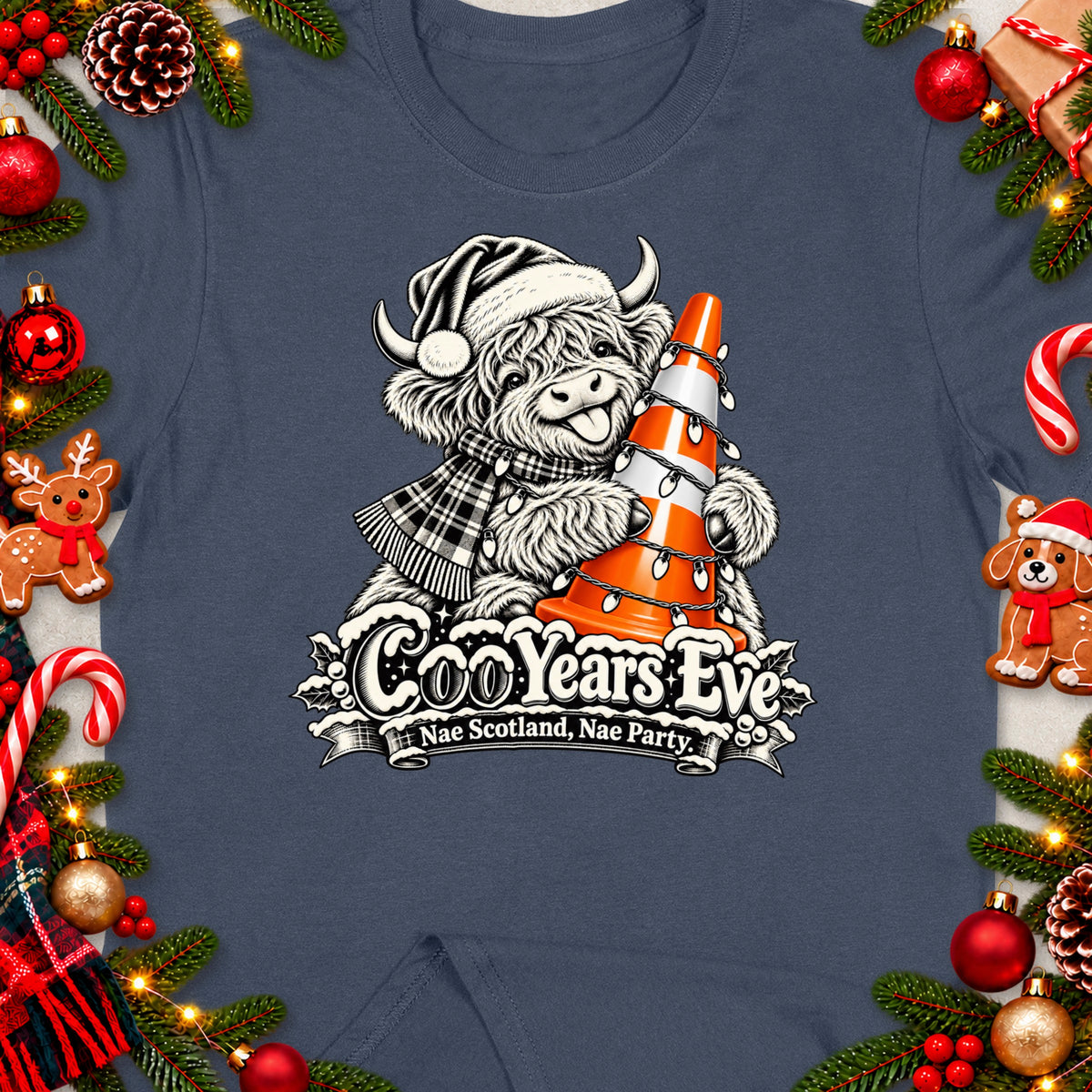 Highland cow in Santa hat holds traffic cone with lights, text "CooYears Eve Nae Scotland, Nae Party".
