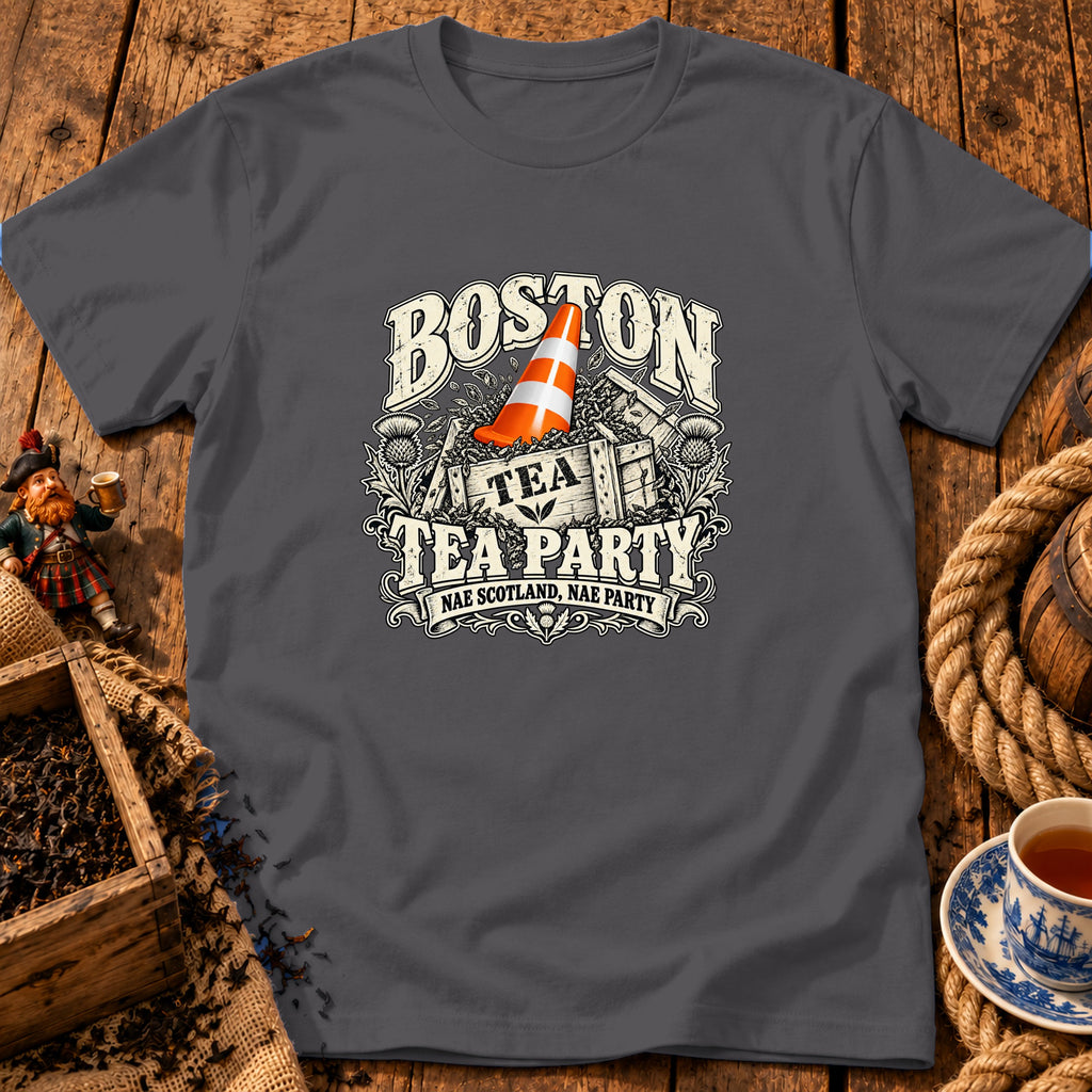 Dark gray t-shirt with a Boston Tea Party graphic featuring a crate, traffic cone, and text.