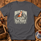 Dark gray t-shirt with a Boston Tea Party graphic featuring a crate, traffic cone, and text.