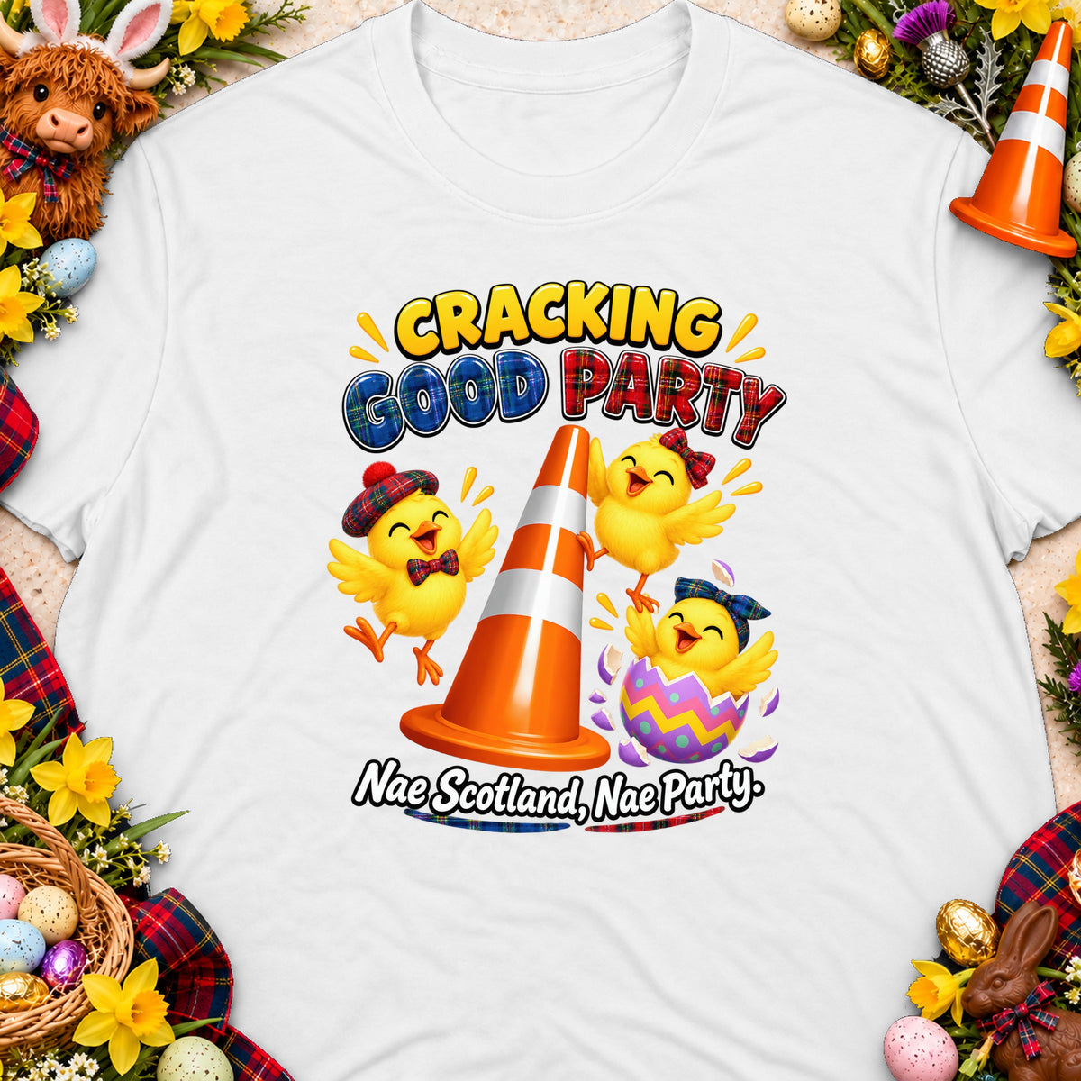 Three cartoon chicks celebrate around an orange traffic cone with text "Cracking Good Party".