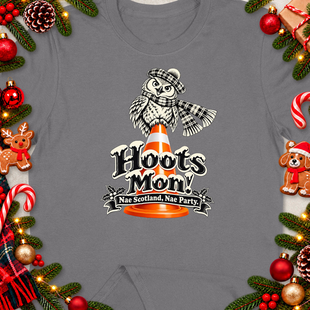 Owl wearing tartan hat and scarf on traffic cone with text "Hoots Mon! Nae Scotland, Nae Party."