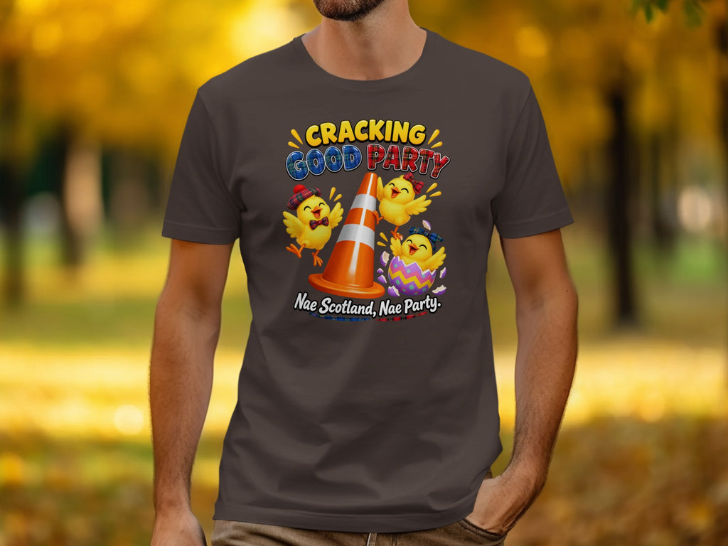 Three chicks celebrate with a traffic cone and egg, with text "Cracking Good Party".