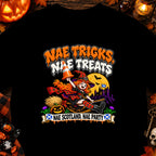 Witch on broomstick with Scottish flag and Halloween decorations, text: Nae Tricks Nae Treats Nae Scotland Nae Party.