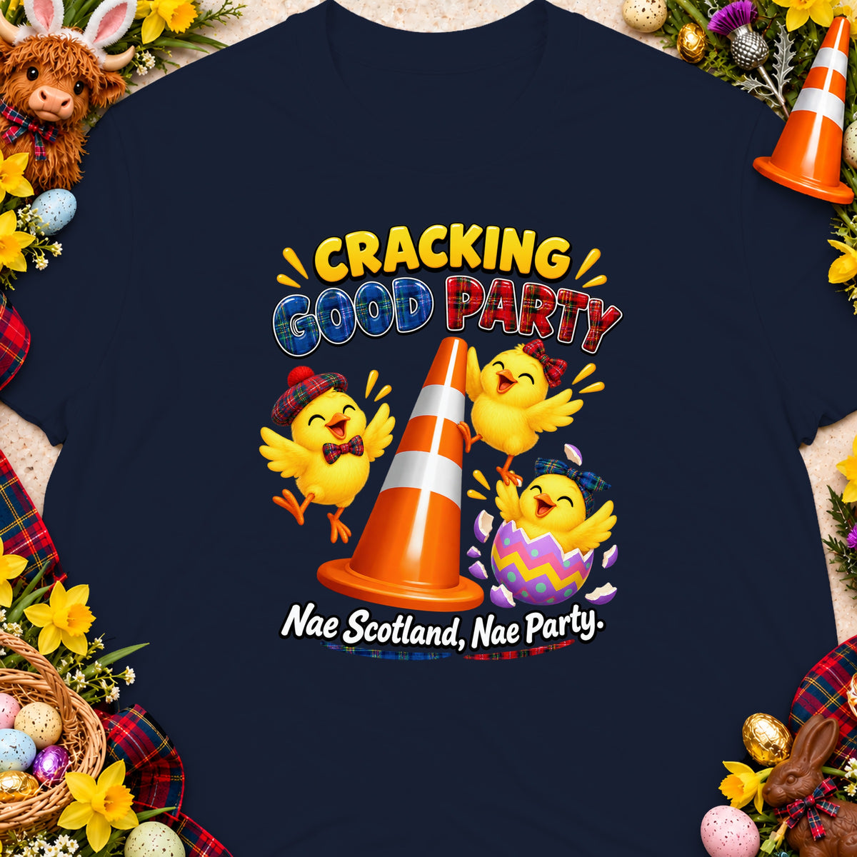 Three yellow chicks and a traffic cone on a navy shirt with text "Cracking Good Party".