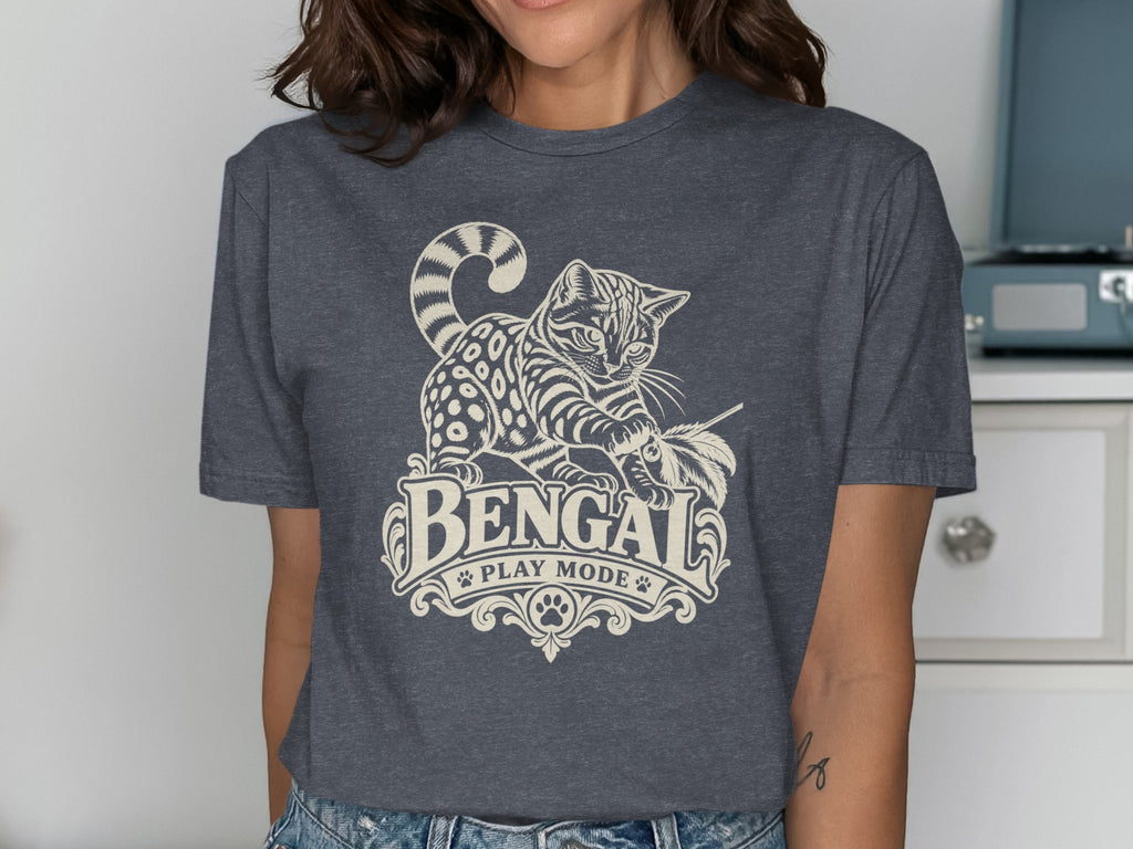Grey t-shirt with a Bengal cat illustration and the text "BENGAL PLAY MODE."