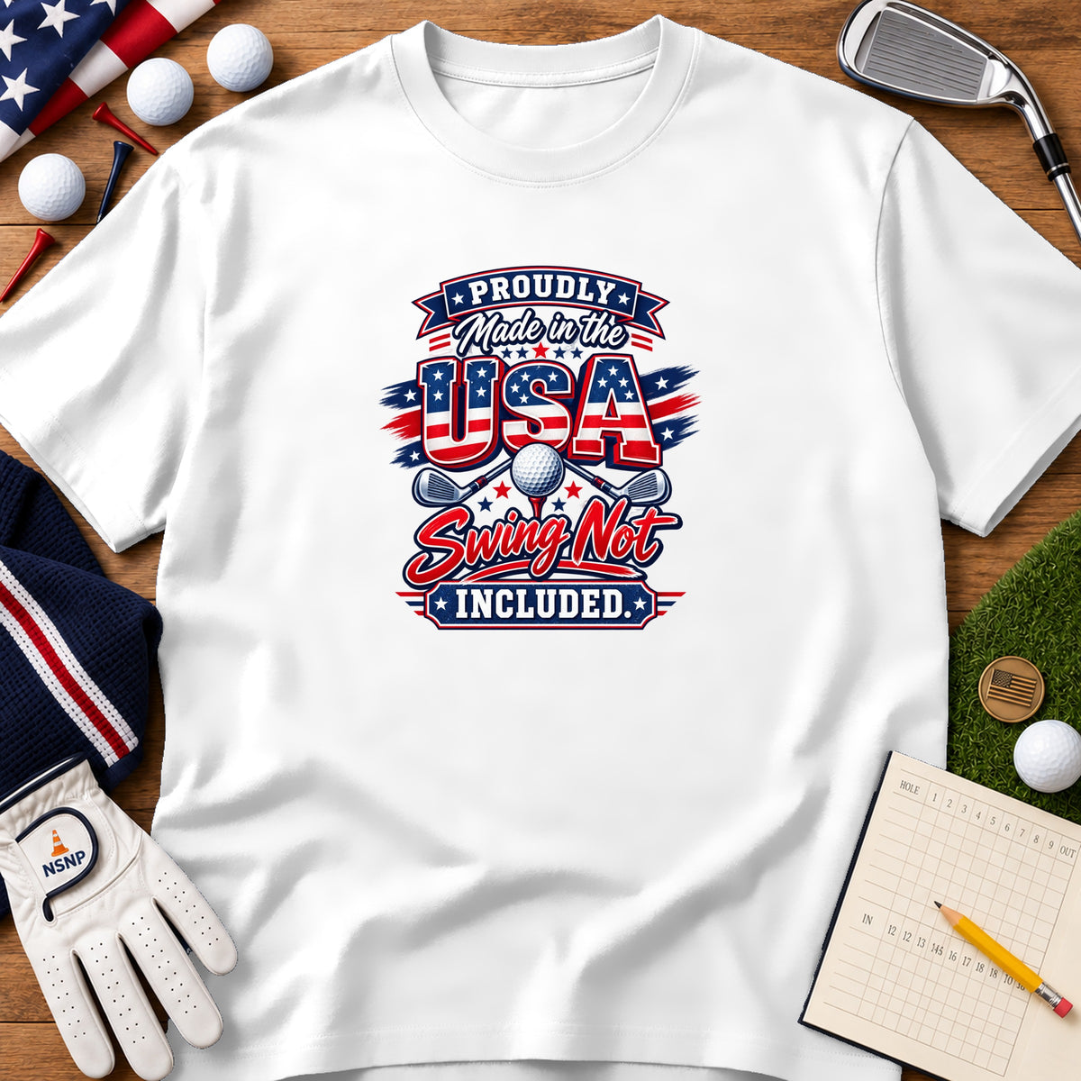 A white t-shirt featuring a red, white, and blue golf graphic with the text Proudly Made in the USA.