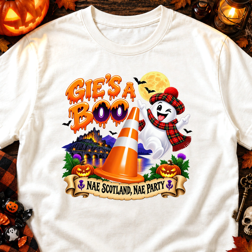 Halloween ghost wearing tartan says "Gie's a Boo! Nae Scotland, Nae Party."