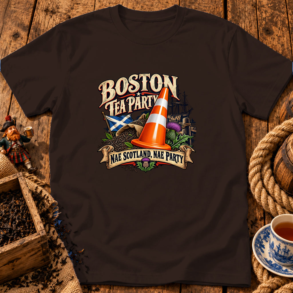 Brown t-shirt featuring a Boston Tea Party graphic with a Scottish flag, traffic cone, and text.