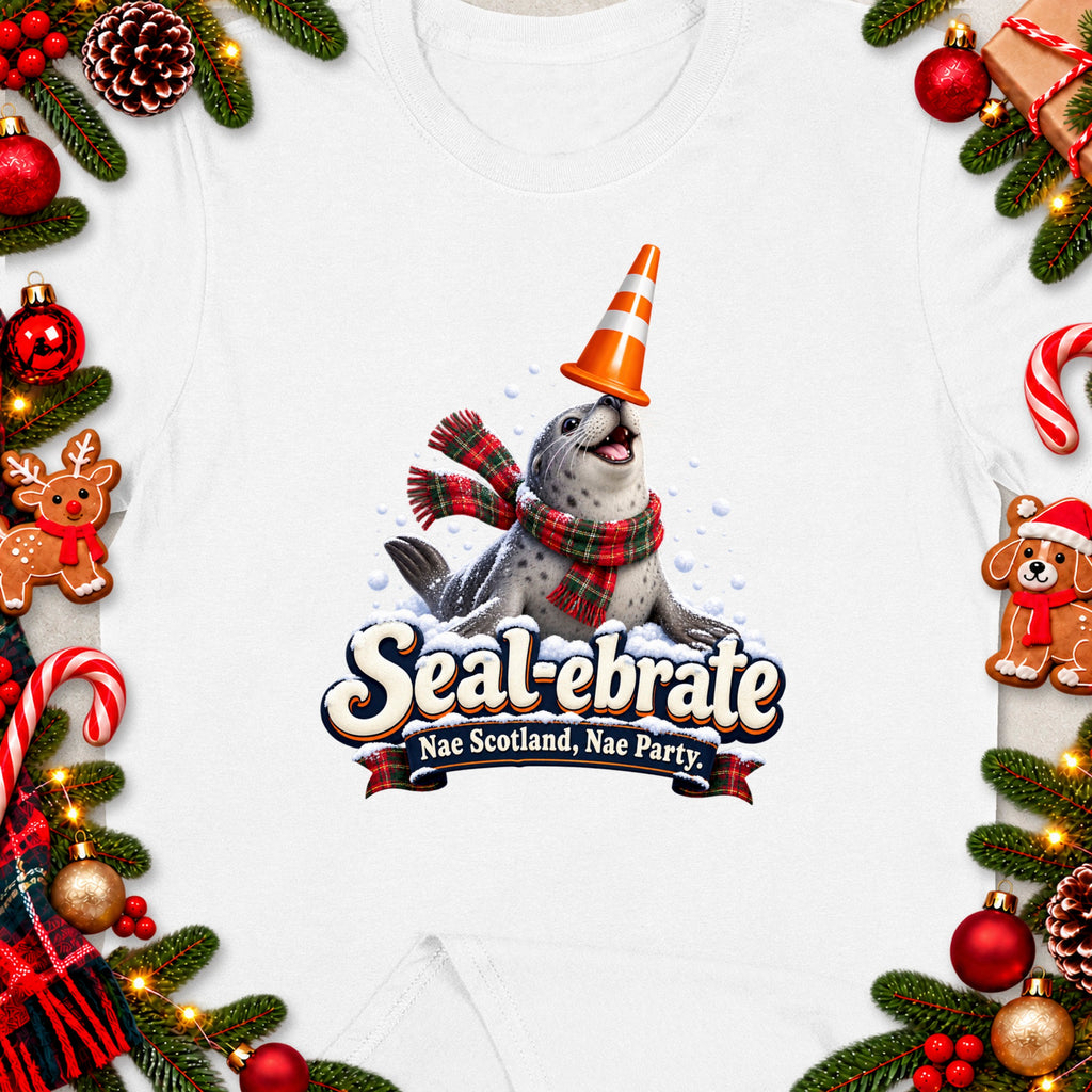 Seal wearing scarf and traffic cone, with text Seal-ebrate Nae Scotland, Nae Party.
