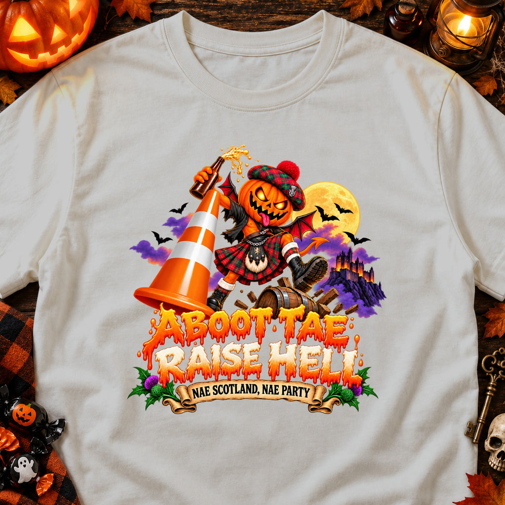 Pumpkin character in kilt with text "Aboot Tae Raise Hell Nae Scotland, Nae Party".