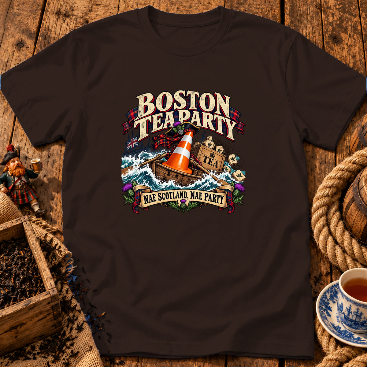 Dark brown t-shirt featuring a humorous graphic of a boat with a traffic cone dumping tea crates into the sea, with the text Boston Tea Party and Nae Scotland, Nae Party.