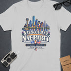 T-shirt graphic with Dallas skyline, Scottish and US flags, text "Nae Scotland Nae Party".