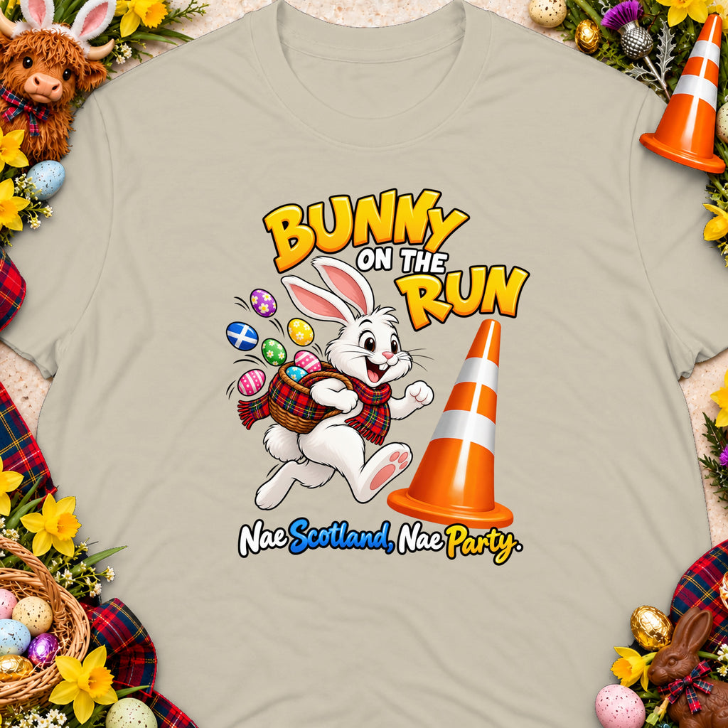Bunny on the Run graphic with Scottish theme and Easter eggs.