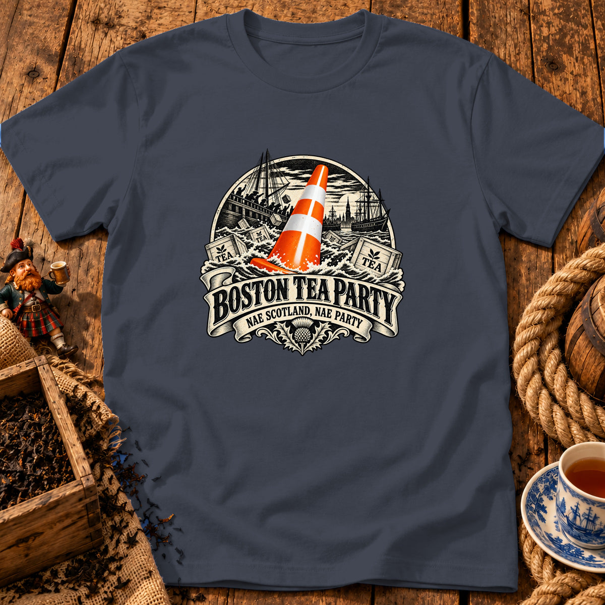 Dark grey t-shirt featuring a graphic of a traffic cone among tea crates, with text reading BOSTON TEA PARTY NAE SCOTLAND NAE PARTY.