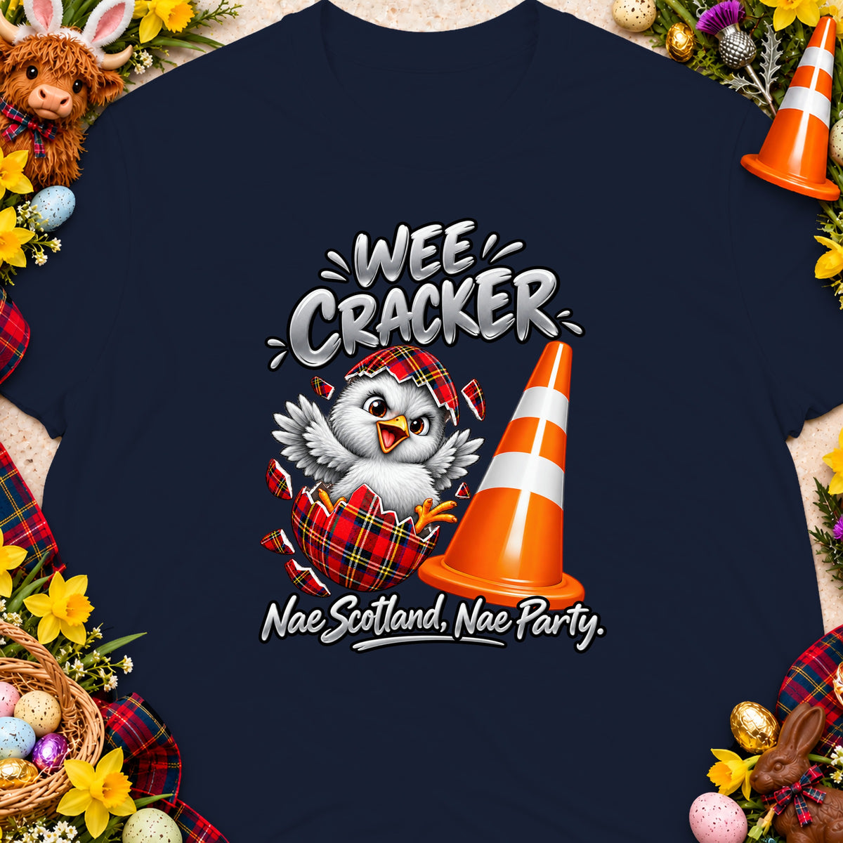 Chick hatching from a tartan egg with traffic cone and text: Wee Cracker, Nae Scotland, Nae Party.