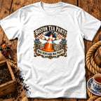 White t-shirt featuring a Boston Tea Party graphic with a traffic cone and Scottish text.