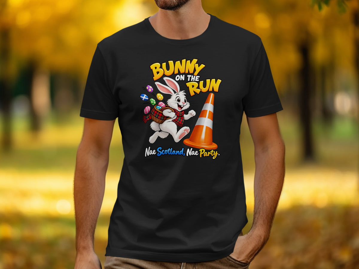 Bunny on the run graphic with Easter eggs, a basket, and traffic cone.