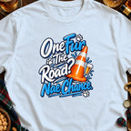 Light blue t-shirt with "One Fur The Road? Nae Chance" text and a traffic cone.